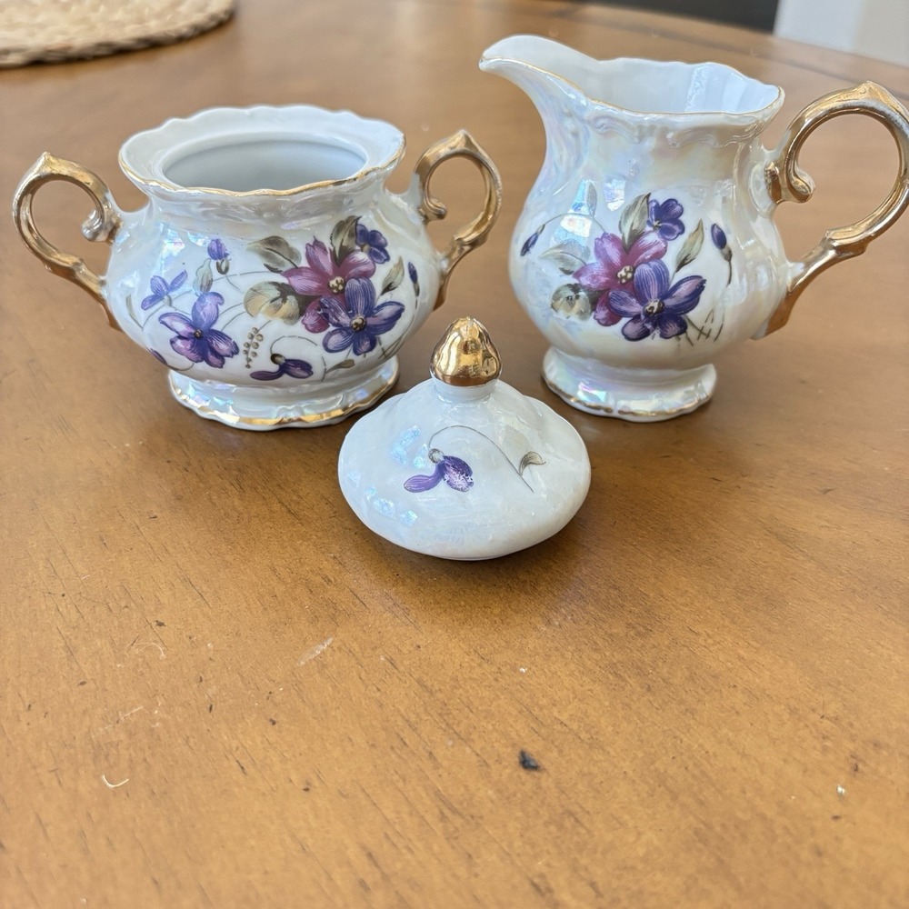 Vintage Japan Lusterware Creamer & Covered Sugar Bowl Hand Painted Purple Flower